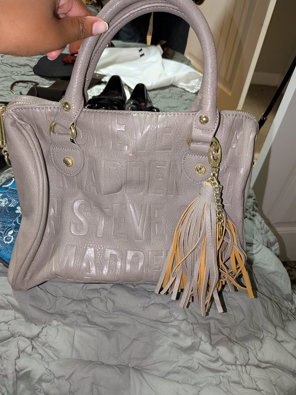 Steve Madden Taupe Embossed Logo Satchel with Tassel